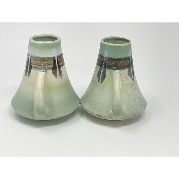 Vintage Made In Japan Double Handled Ceramic Vases Montacello 5” Green Set Of 2 - Picture 3 of 10